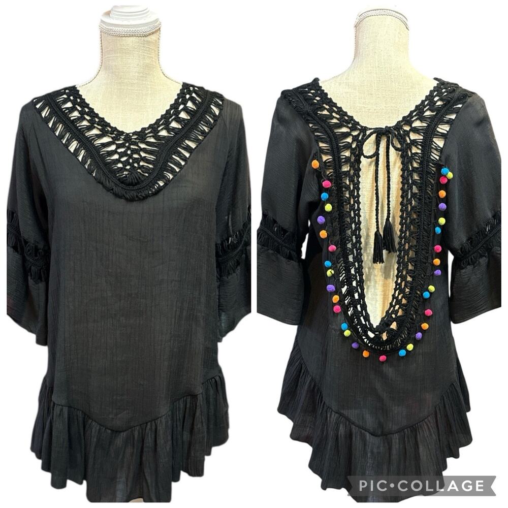 Boho Crochet Swimsuit Cover Up Gauze Black Tiered Pom Pom Festival Resort OS